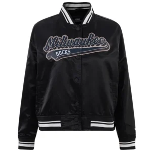 Milwaukee bucks script tail womens full snap satin varsity jacket black 6