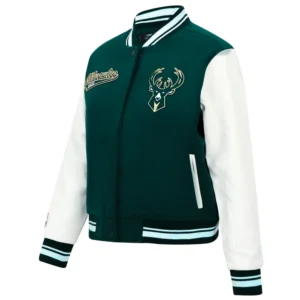 Milwaukee bucks script tail womens wool leather varsity jacket green white 4