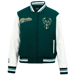 Milwaukee bucks script tail womens wool leather varsity jacket green white 5
