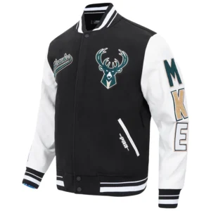 Milwaukee bucks script tail wool leather varsity jacket black white 4