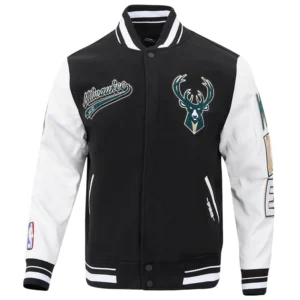 Milwaukee bucks script tail wool leather varsity jacket black white 5