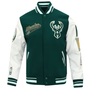 Milwaukee bucks script tail wool leather varsity jacket green white 5