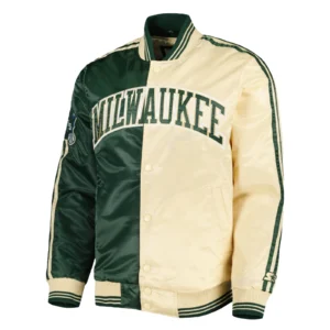 Milwaukee bucks starter fast break satin varsity jacket green cream 1