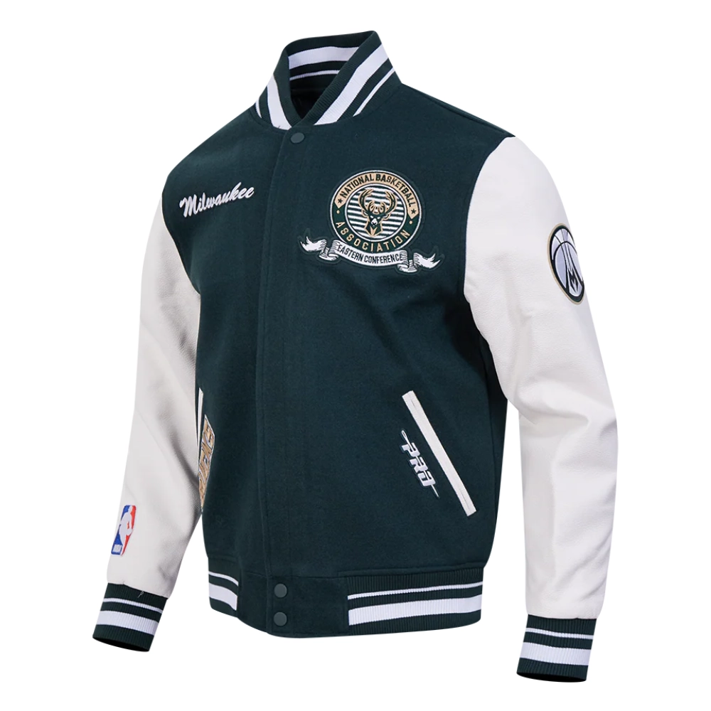 Milwaukee bucks team badge green white varsity jacket