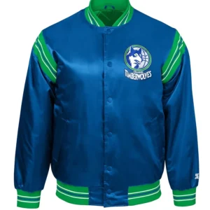 Minnesota timberwolves enforcer full snap satin varsity jacket blue