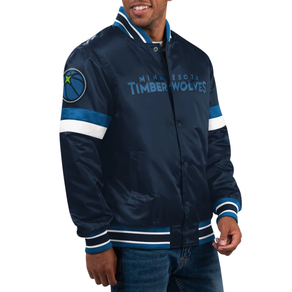Minnesota timberwolves home game satin varsity jacket navy 1