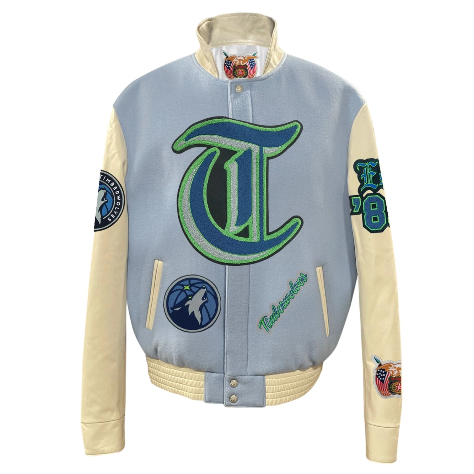 Minnesota timberwolves old english wool leather varsity jacket blue cream 1 1