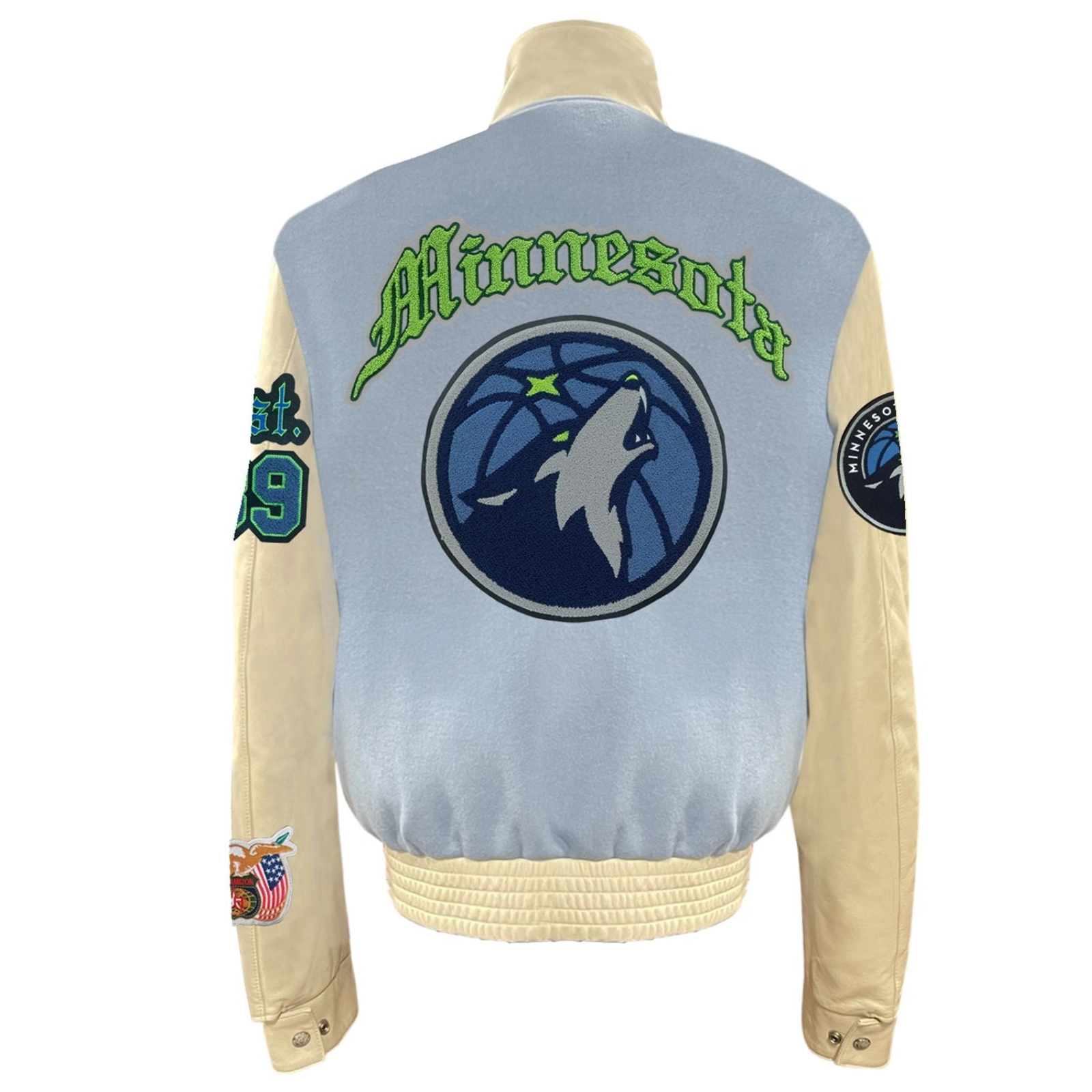 Minnesota timberwolves old english wool leather varsity jacket blue cream 1