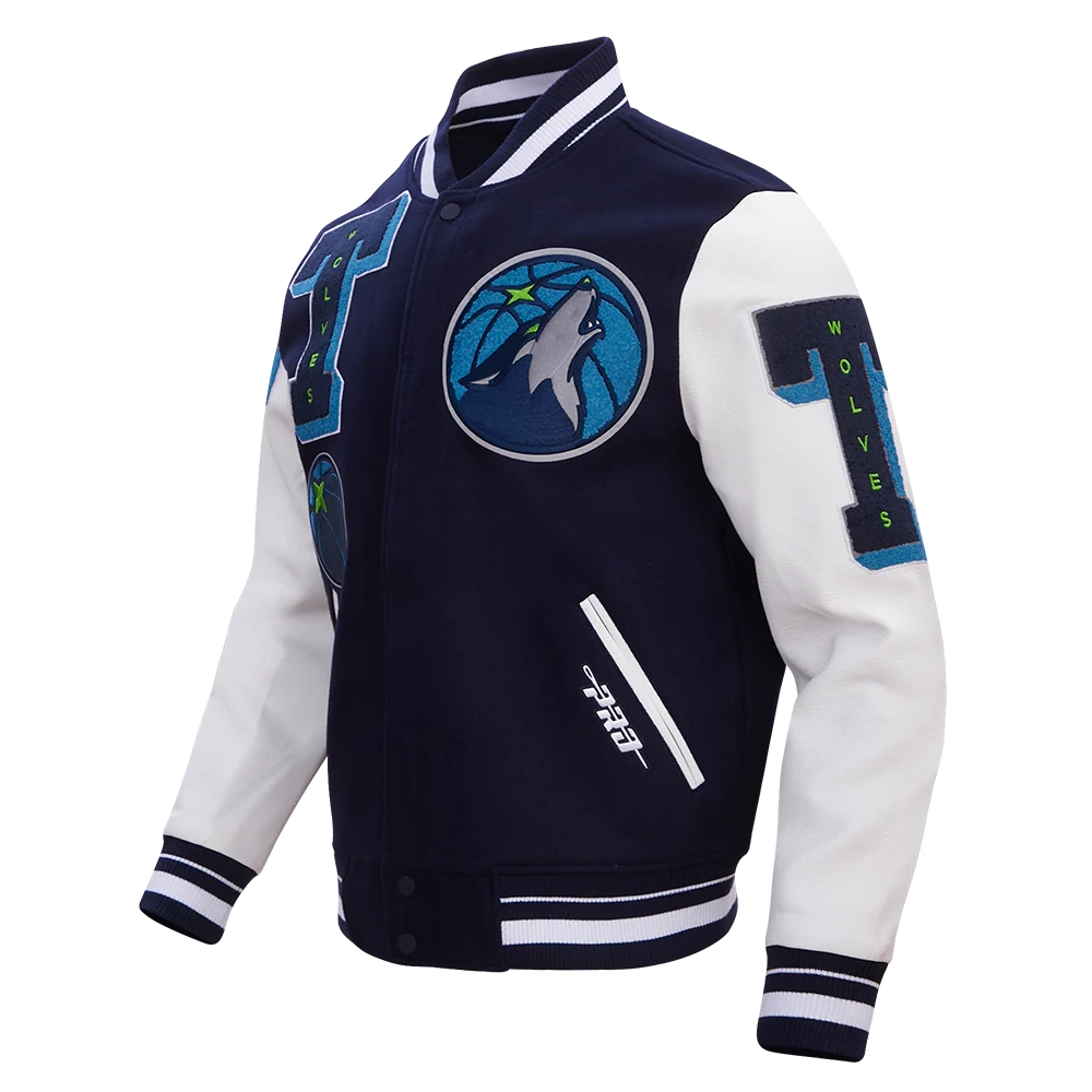 Minnesota timberwolves pro standard mashup wool and leather varsity jacket 1