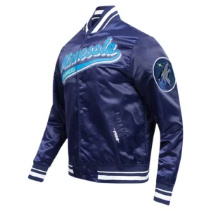 Minnesota timberwolves pro standard script tail navy satin varsity jacket 1