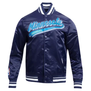 Minnesota timberwolves pro standard script tail navy satin varsity jacket 2