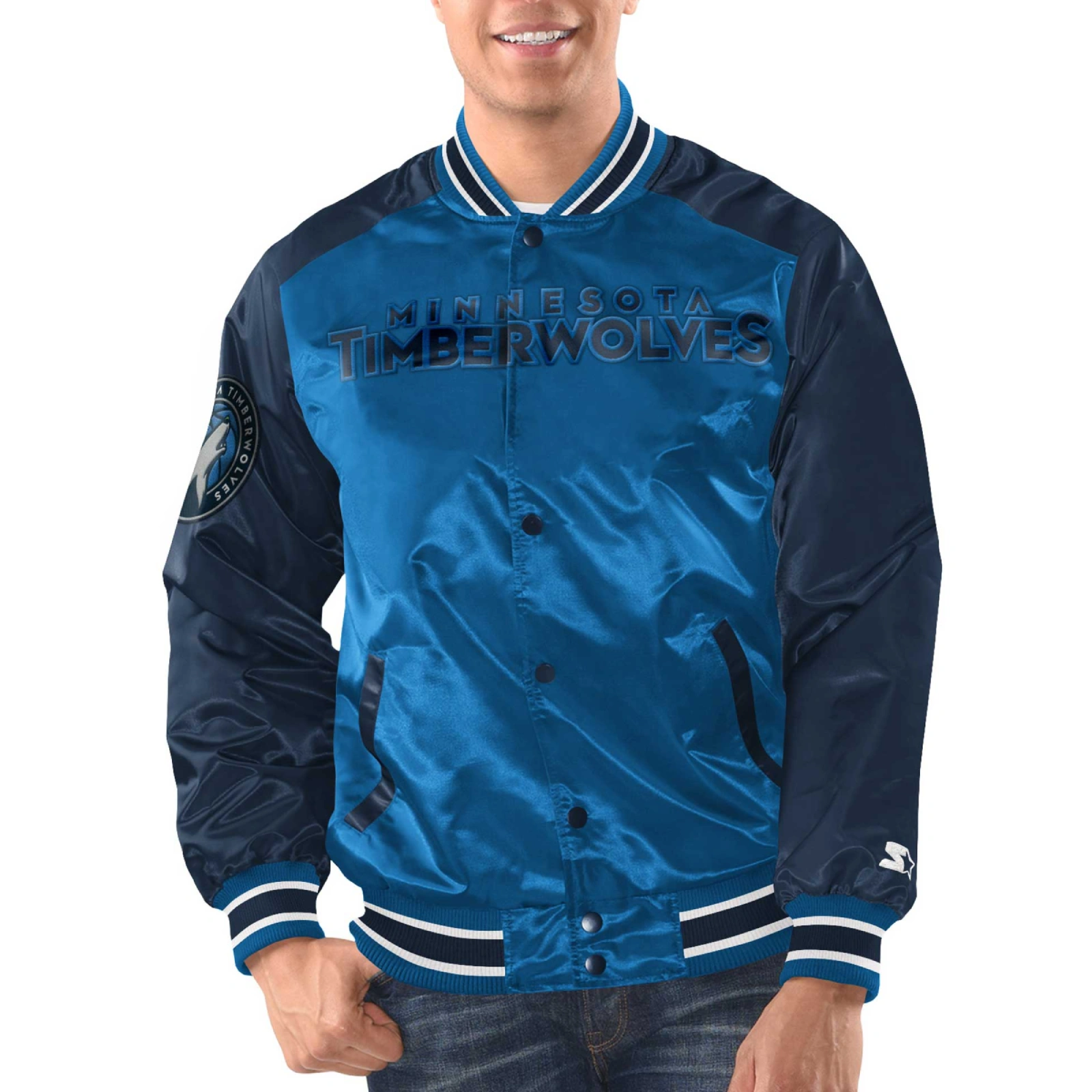Minnesota timberwolves renegade satin varsity jacket blue navy 1