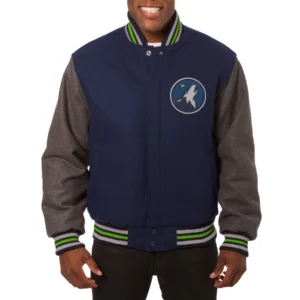 Minnesota timberwolves two tone wool varsity jacket navy grey 1
