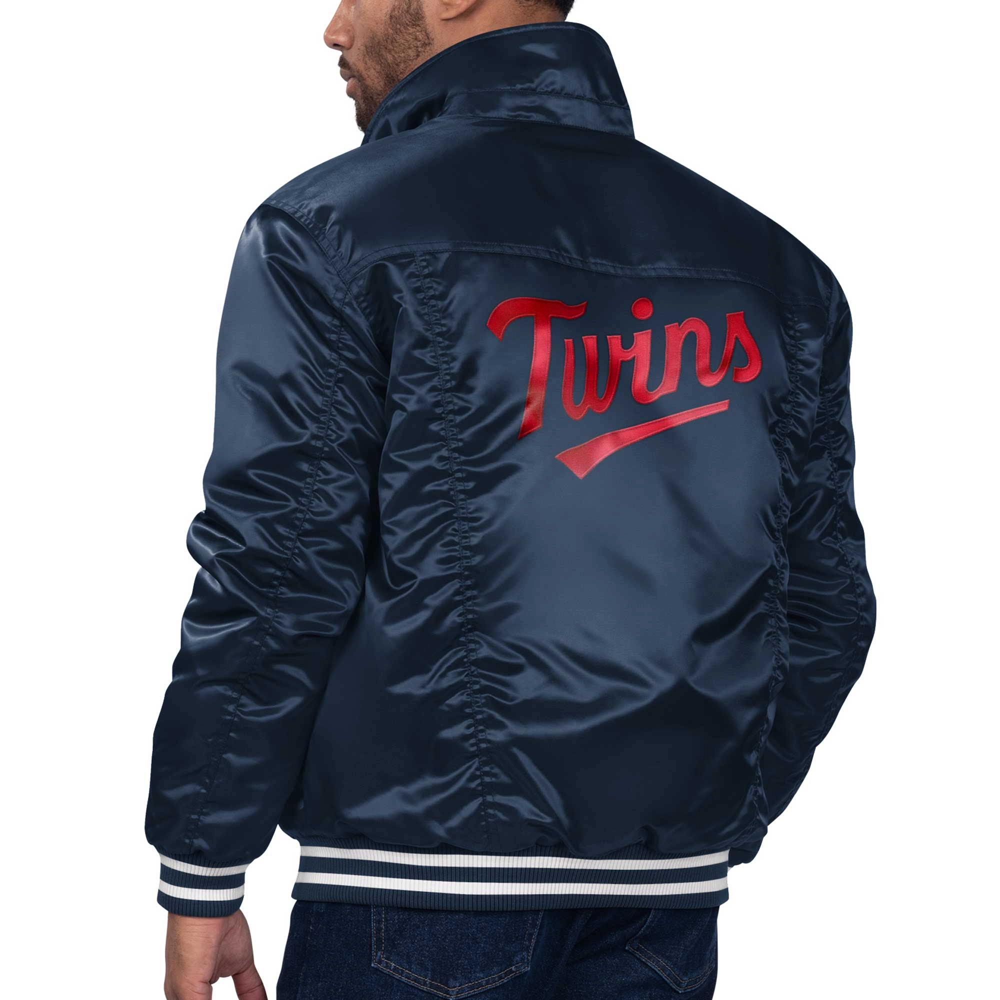 Minnesota twins silver tab satin trucker varsity navy jacket 1 1