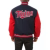 Minnesota twins two tone handcrafted logo wool varsity jacket navy red 2