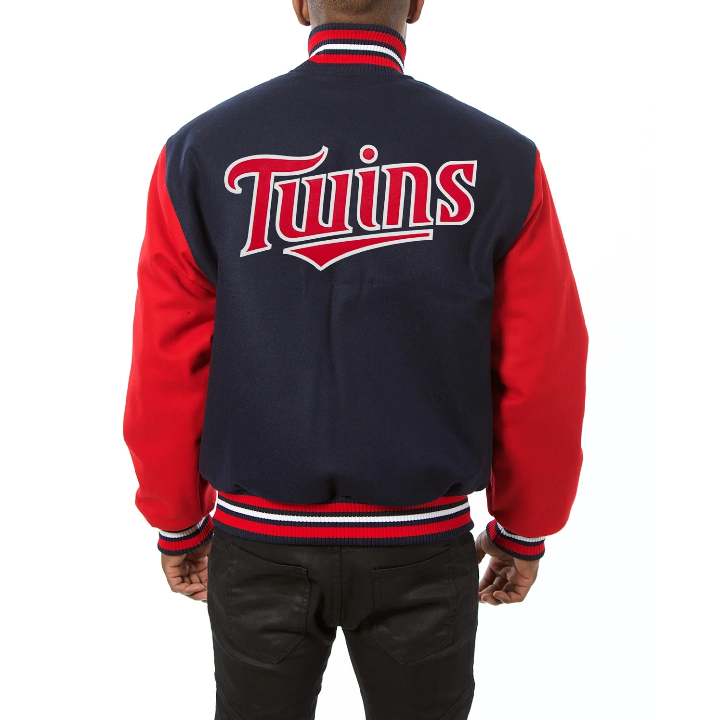 Minnesota twins two tone handcrafted logo wool varsity jacket navy red 2
