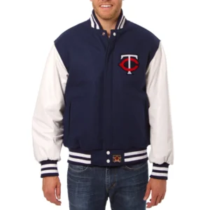 Minnesota twins two tone wool leather varsity jacket navy white 1
