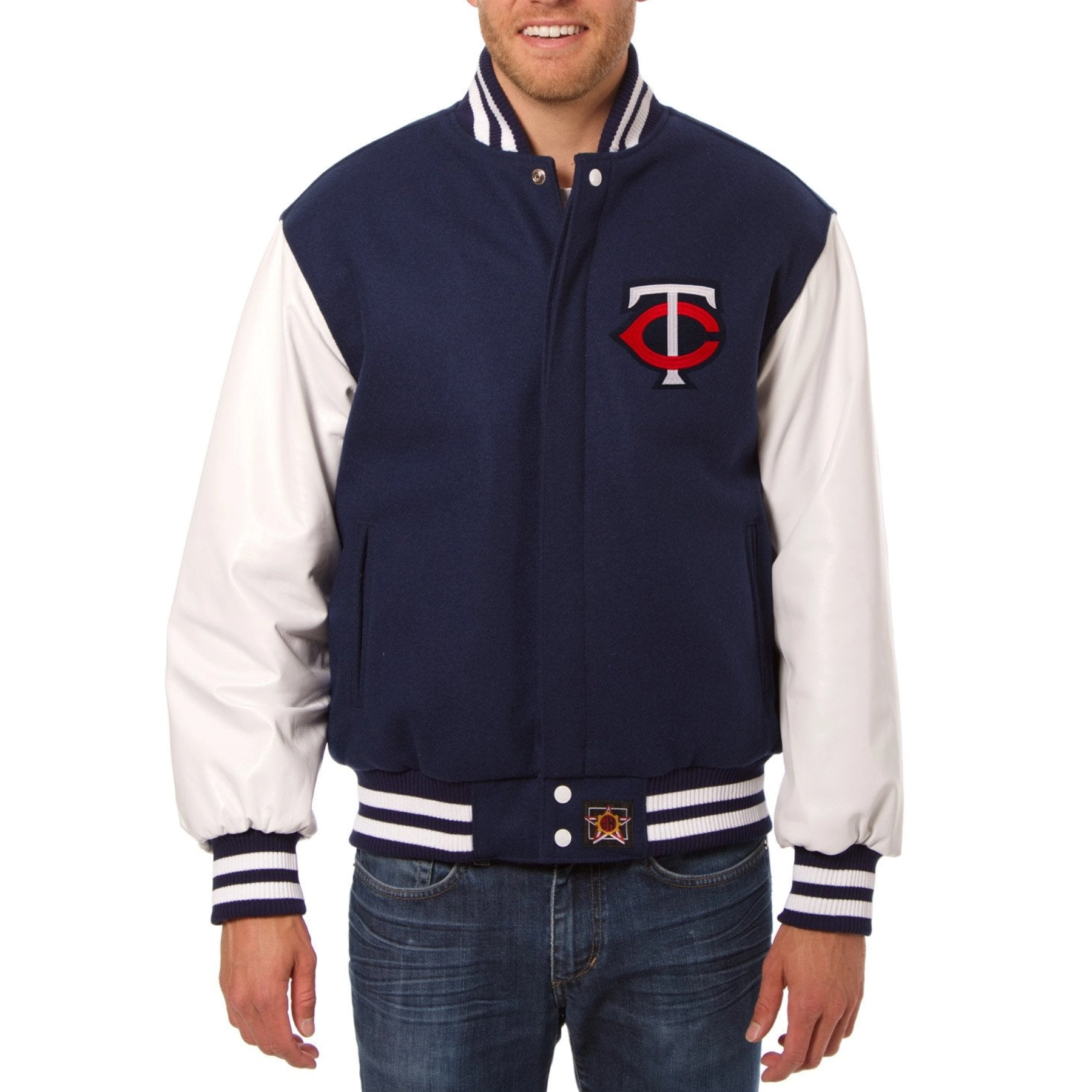 Minnesota twins two tone wool leather varsity jacket navy white 1