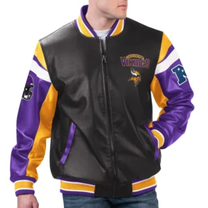 Minnesota vikings full zip leather varsity jacket black purple 1