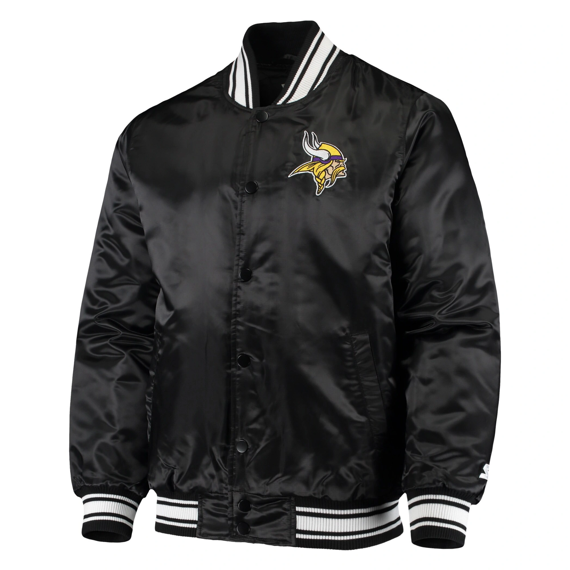 Minnesota vikings starter locker room satin varsity full snap jacket black 1