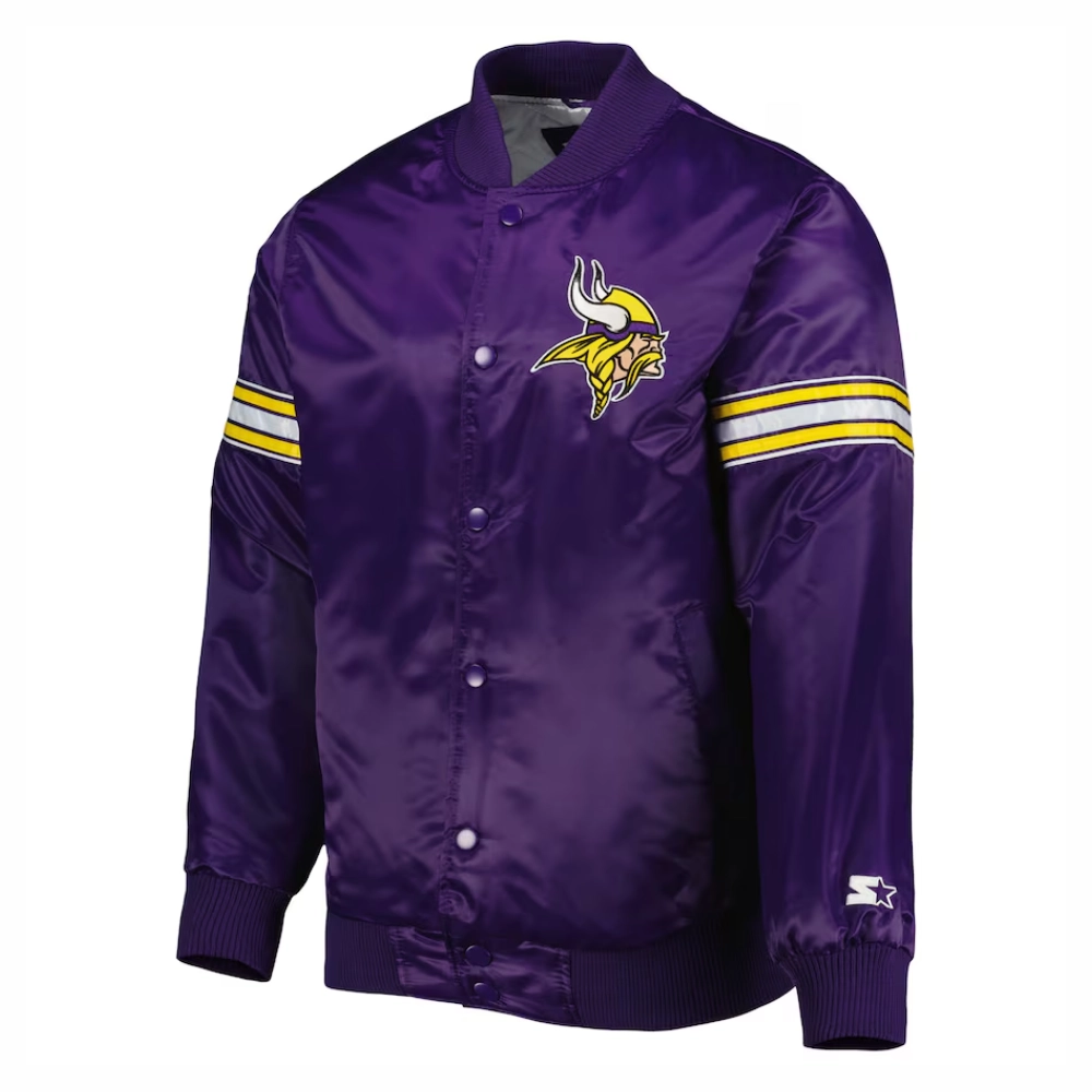 Minnesota vikings starter pick and roll full snap satin varsity jacket purple 2