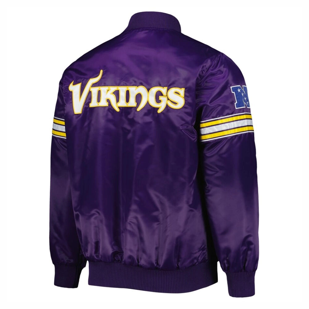 Minnesota vikings starter pick and roll full snap satin varsity jacket purple 3