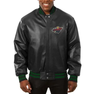 Minnesota wild genuine leather varsity jacket black 1