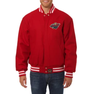Minnesota wild one color wool varsity jacket red 1