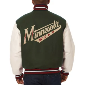 Minnesota wild two tone wool leather varsity jacket green white 1 1