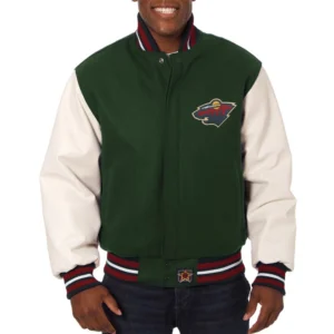 Minnesota wild two tone wool leather varsity jacket green white 1