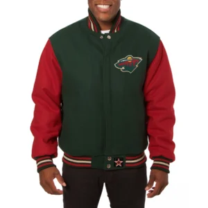 Minnesota wild two tone wool varsity jacket green red 1