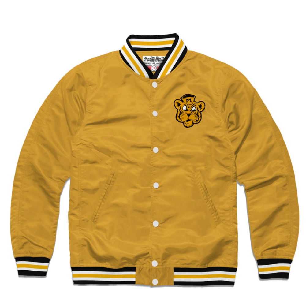 Missouri sailor tiger ribbed knitted satin varsity jacket yellow 1
