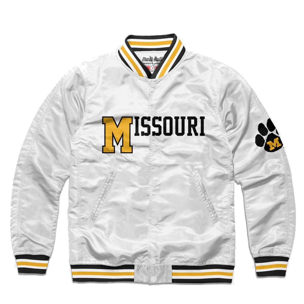 Missouri tigers paw print full snap satin varsity jacket white 1