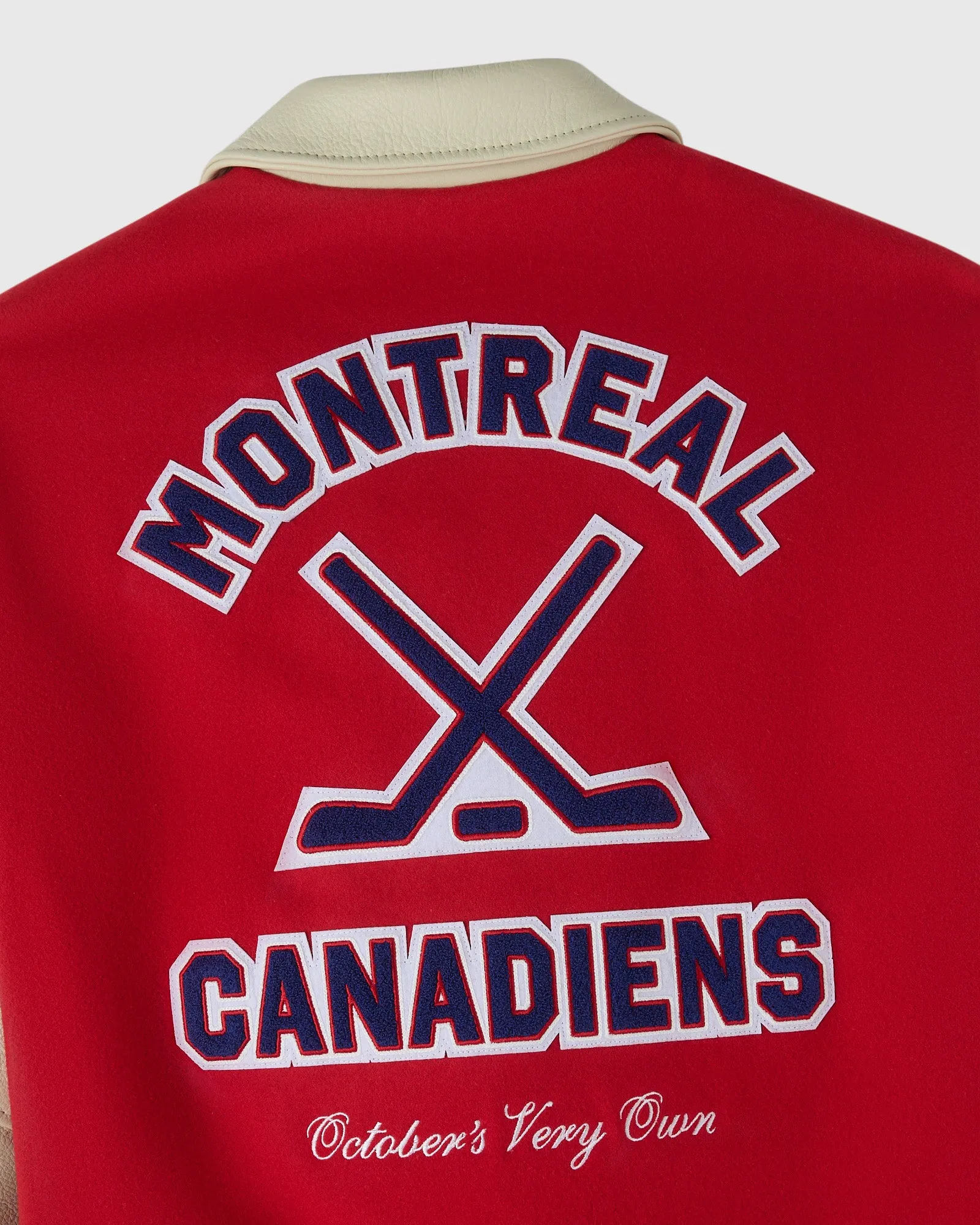 Montreal canadiens red full snap wool leather back varsity jacket