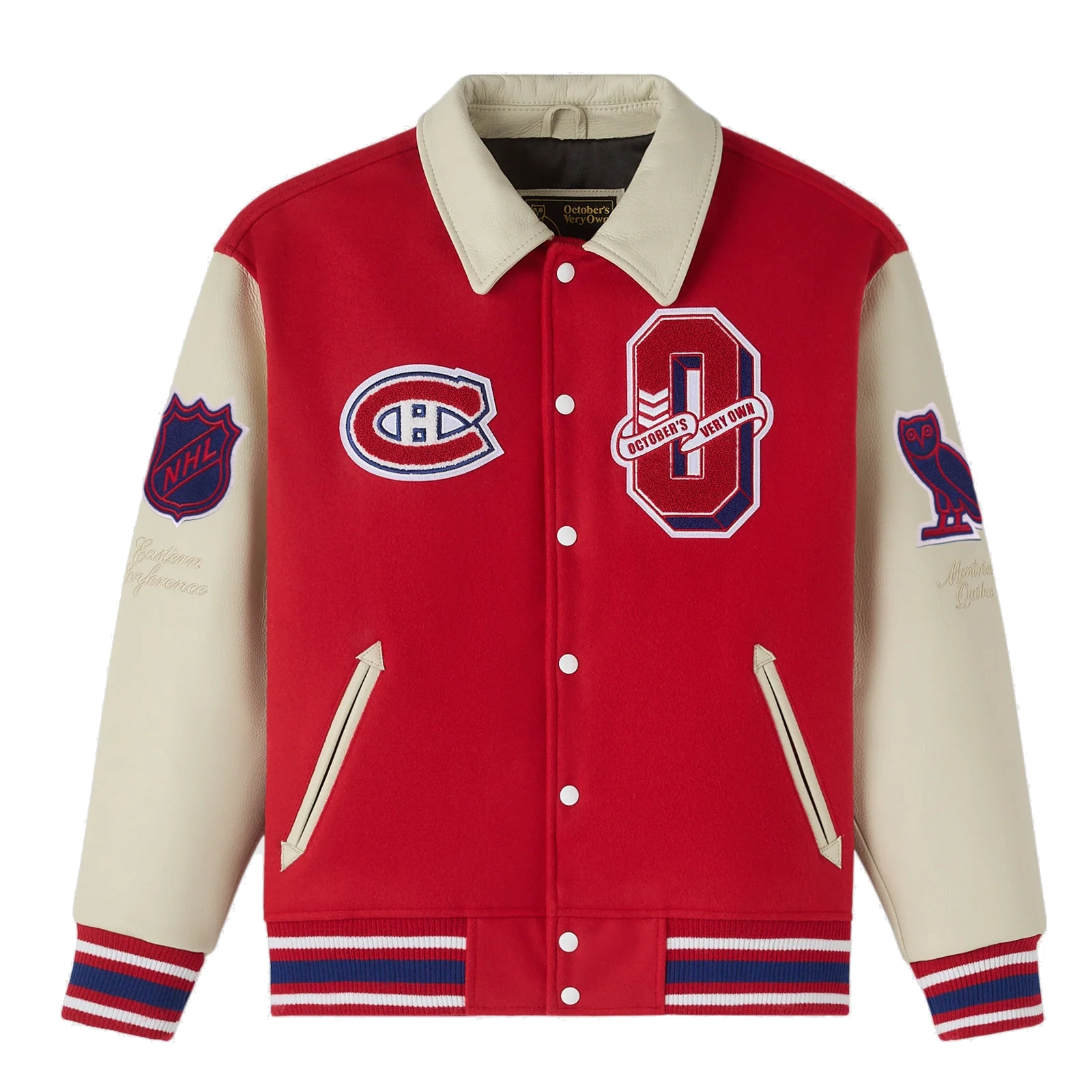 Montreal canadiens redcream full snap wool leather varsity jacket