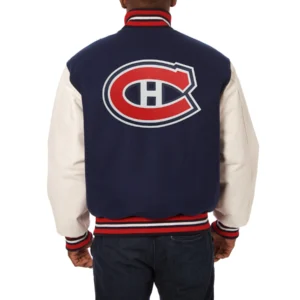 Montreal canadiens two tone wool leather varsity jacket navy white 1 1