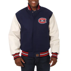 Montreal canadiens two tone wool leather varsity jacket navy white 1