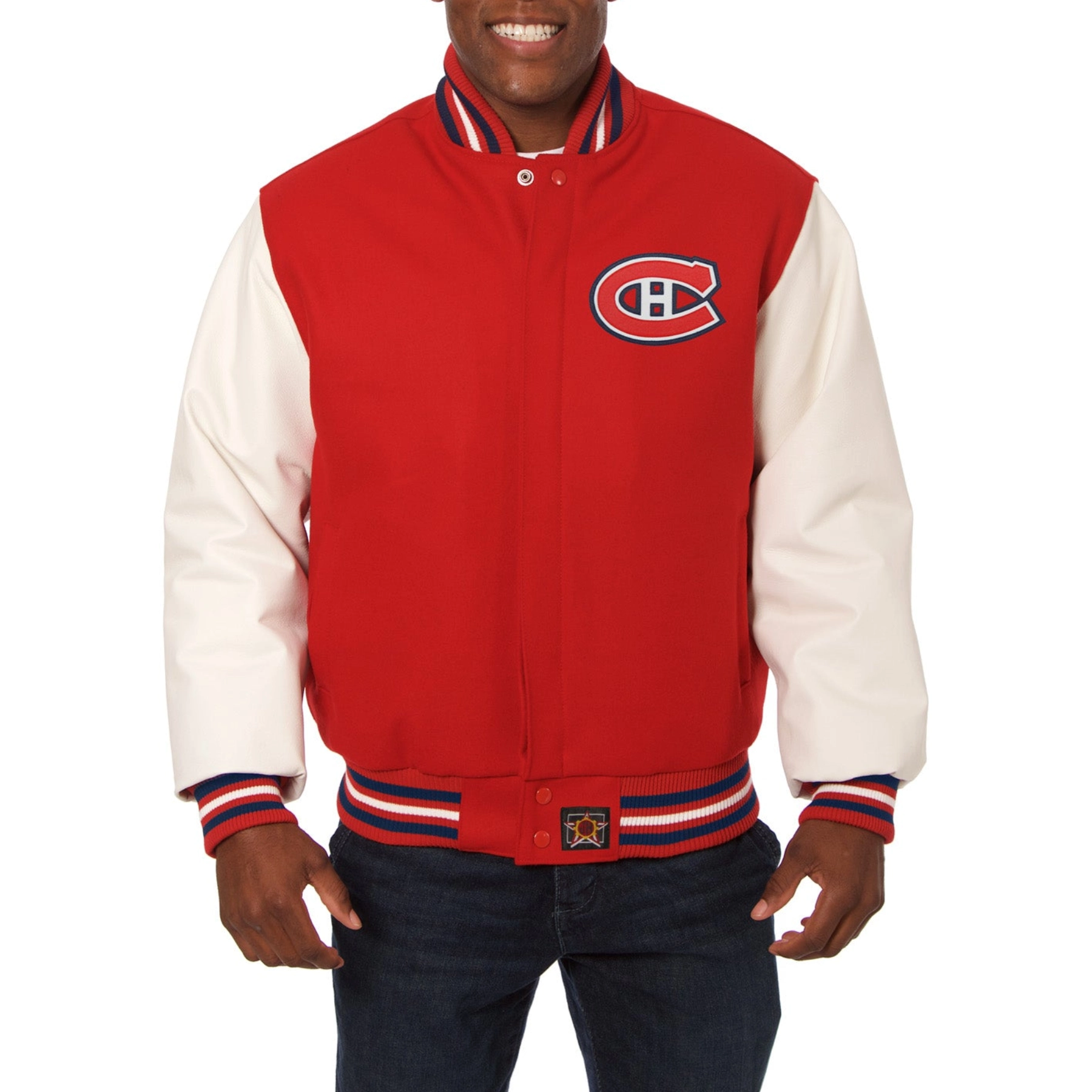 Montreal canadiens two tone wool leather varsity jacket red white 1