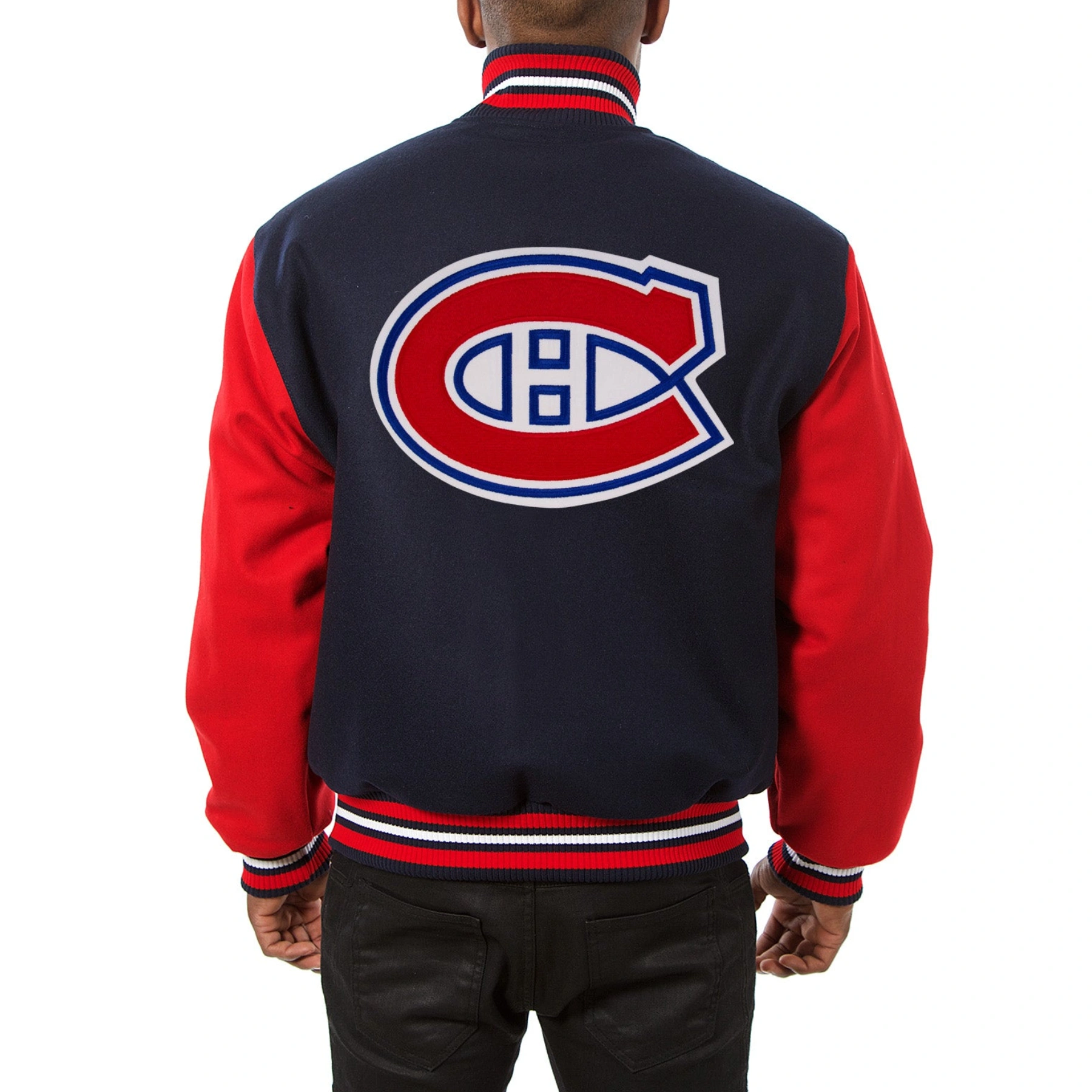 Montreal canadiens two tone wool varsity jacket navy red 1 1