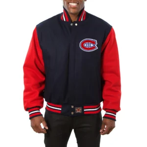 Montreal canadiens two tone wool varsity jacket navy red 1