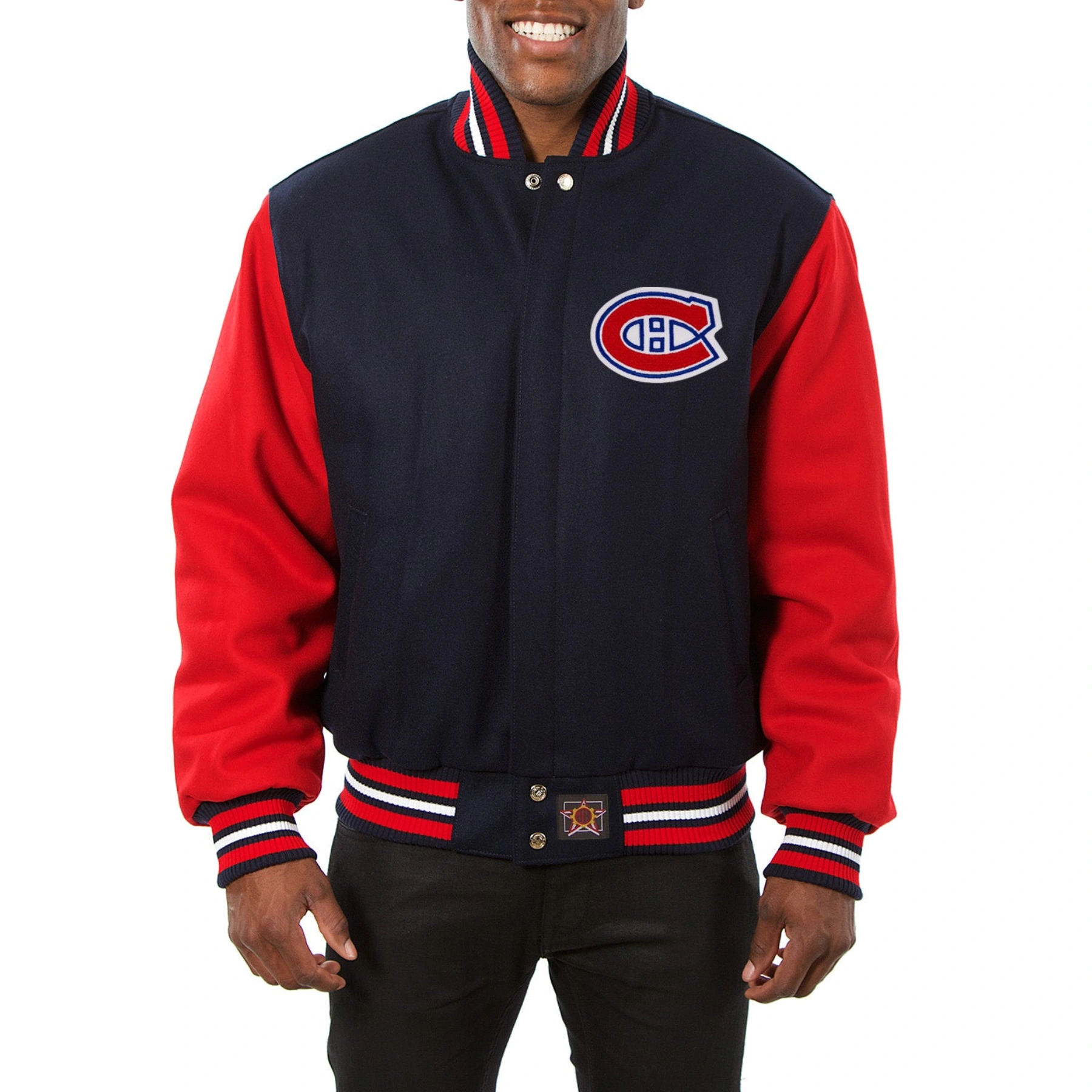 Montreal canadiens two tone wool varsity jacket navy red 1