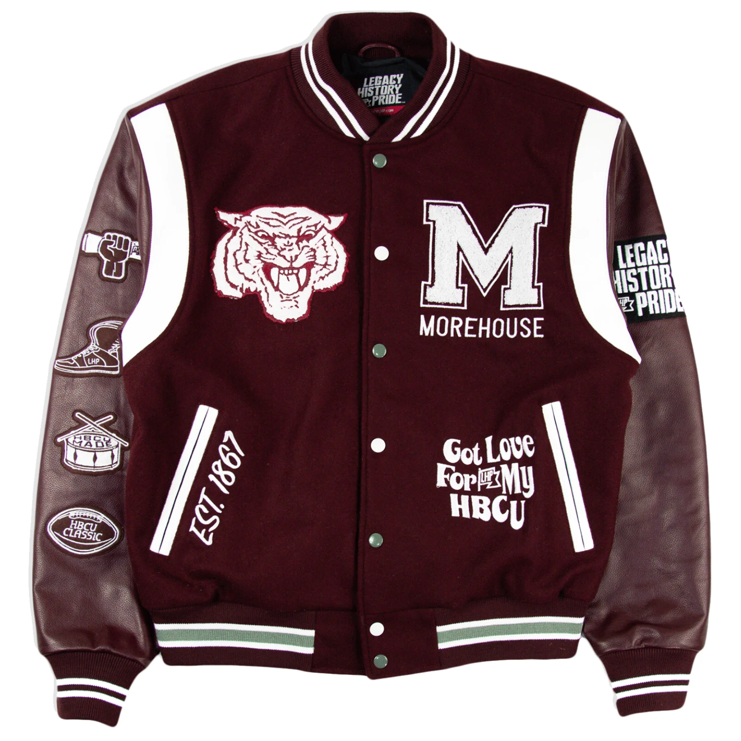 Morehouse maroon tigers motto 30 full snap wool leather jacket