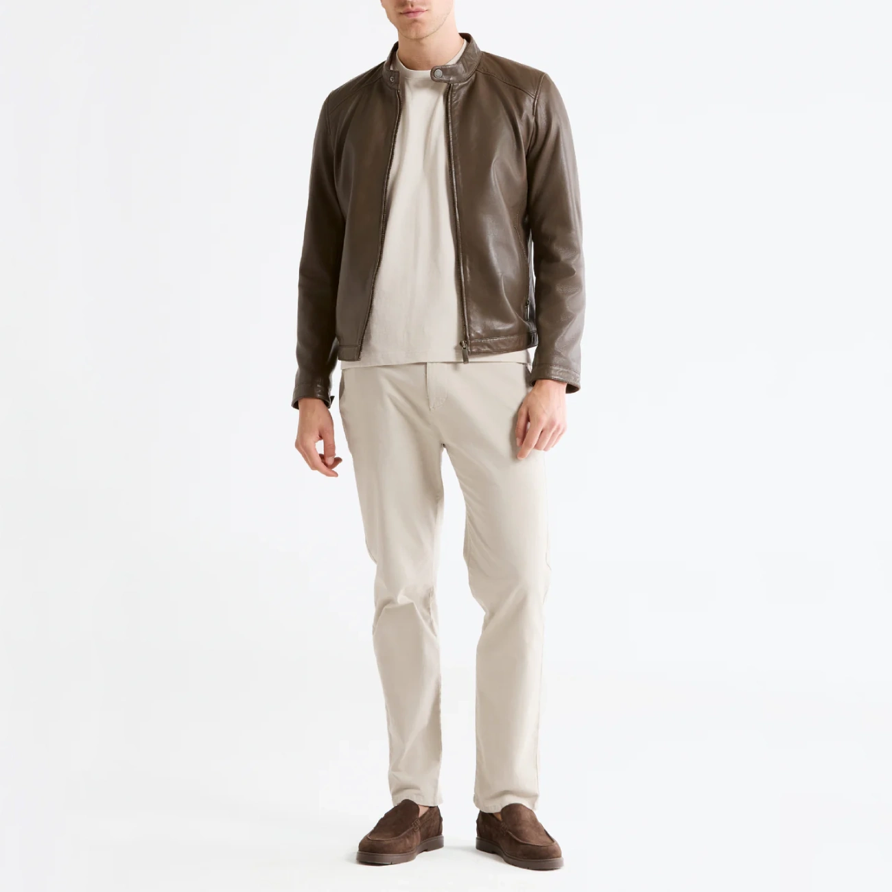 Moto mens khaki leather jacket