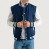 Navy blue and white varsity letterman jacket 3