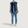 Navy blue and white varsity letterman jacket 4
