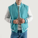 Teal Aqua and White Wool/Leather Letterman Jacket