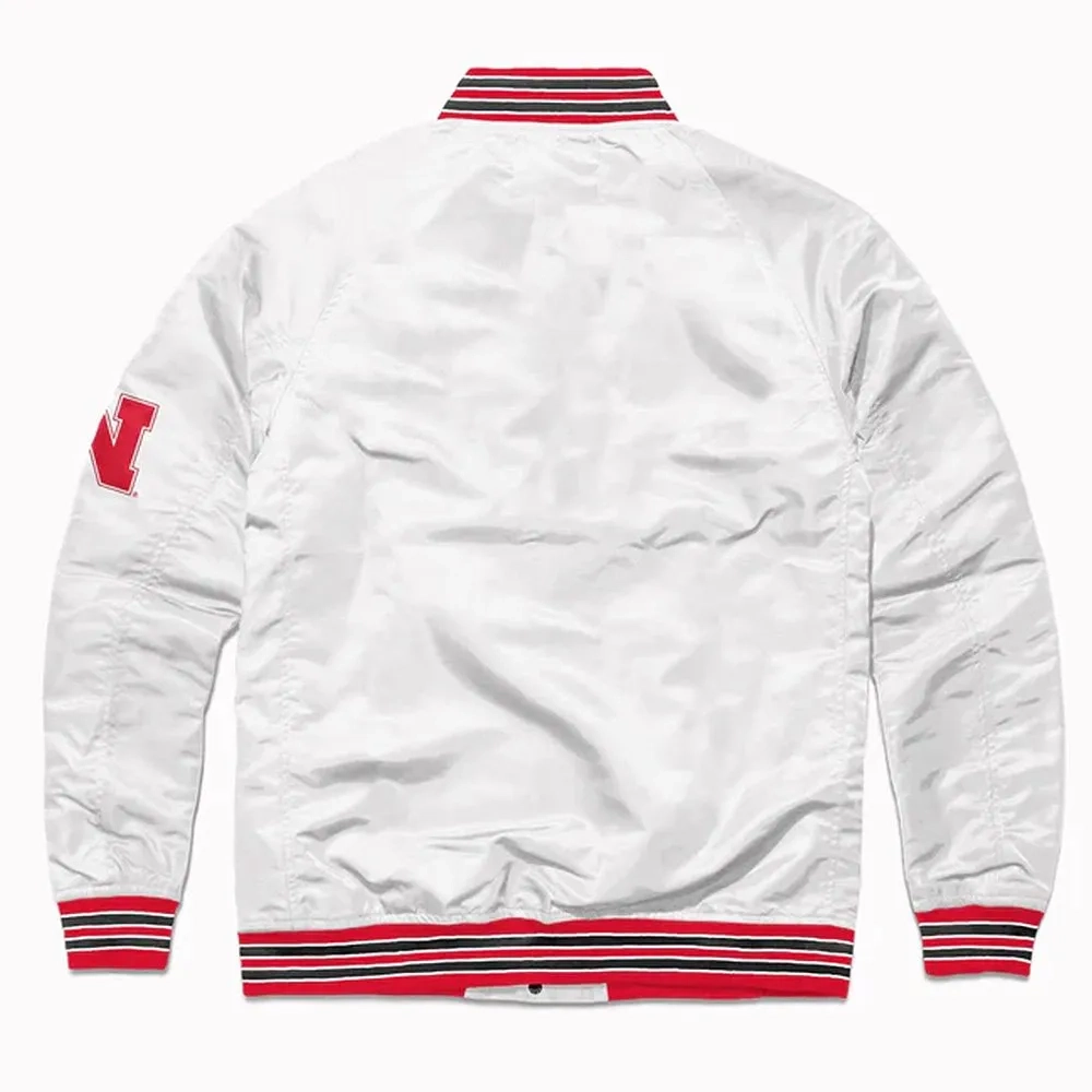 Nebraska huskers script white satin varsity jacket