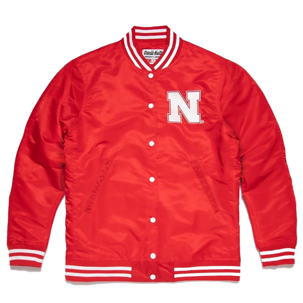 Nebraska monogram full snap satin varsity jacket red 1