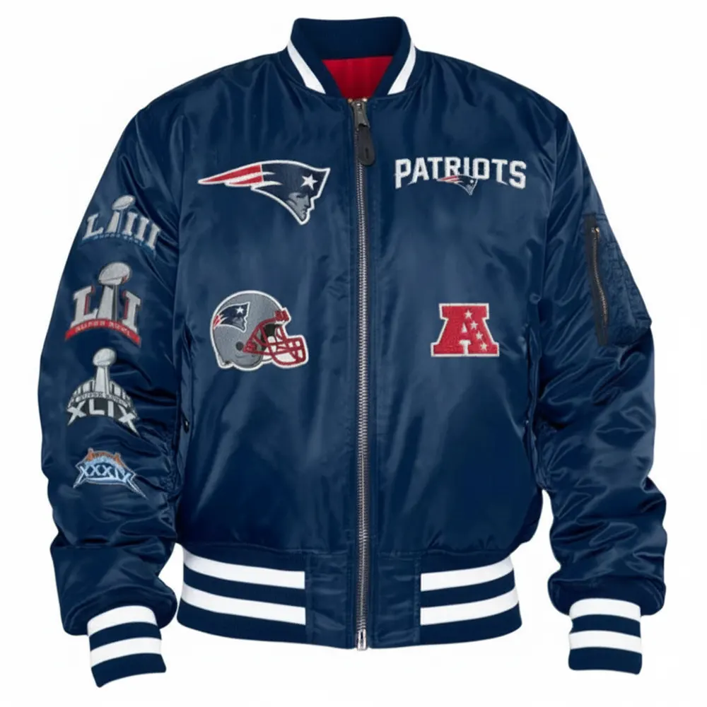 New england patriots era ma 1 bomber blue satin varsity jacket