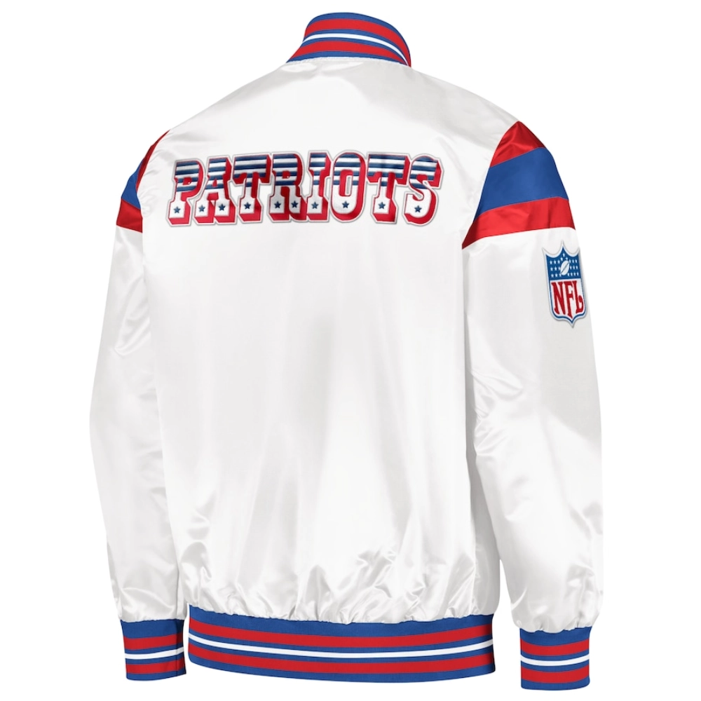 New england patriots full snap satin varsity jacket white